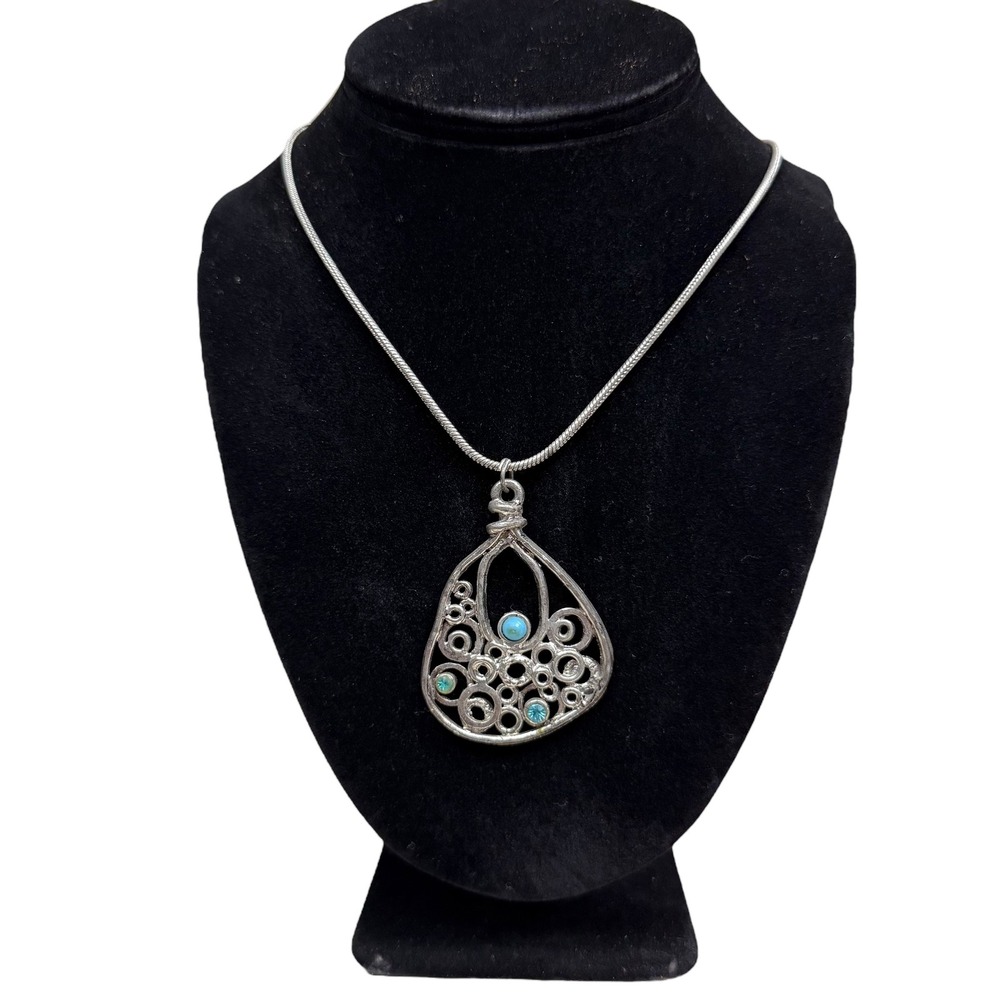 Silver Tone Turquoise Accents Pendant Necklace Teardrop Statement Jewelry 11.5in